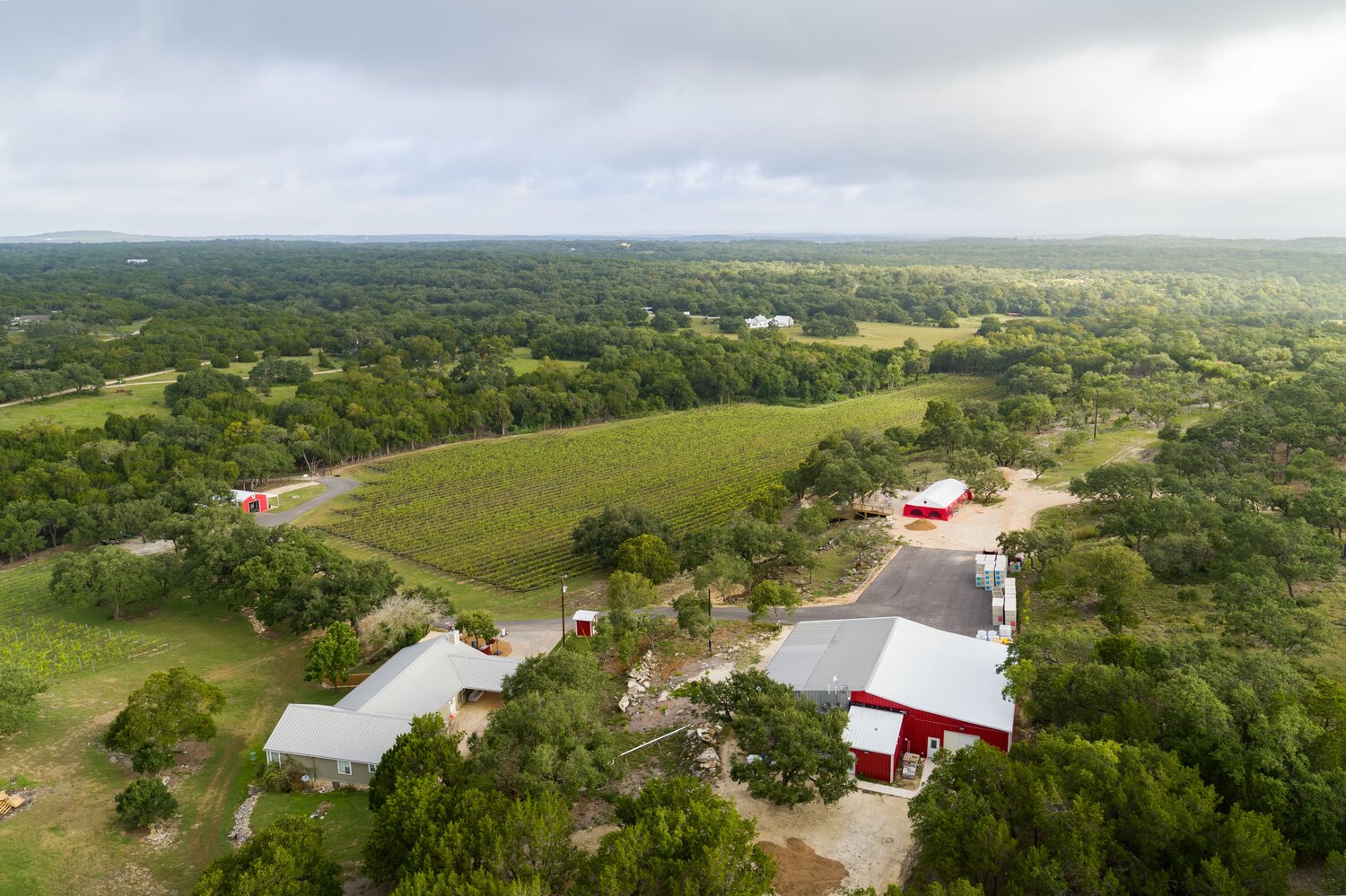 Aerial view of the limestone Hill Country around Wimberley and Driftwood